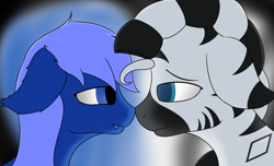 Size: 1600x972 | Tagged: safe, artist:thekamko, derpibooru exclusive, oc, oc only, oc:kamko blueblood, oc:zaltuga, bat pony, dracony, dragon, hybrid, pony, zebra, bite mark, bust, colored pupils, duo, fangs, floppy ears, heart, looking at each other, side view, smiling