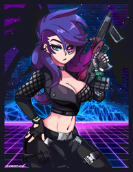 Size: 2328x3000 | Tagged: safe, artist:ciderpunk, rarity, human, g4, 80s, amputee, blood dragon, clothes, cyberpunk, far cry 3, far cry blood dragon, fingerless gloves, gloves, gun, high res, humanized, poster, prosthetic eye, prosthetic limb, prosthetics, retrowave, synthwave, weapon
