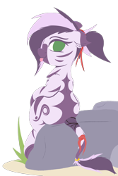Size: 1000x1500 | Tagged: safe, artist:rhythmpixel, oc, oc only, oc:ma'labae, pony, zebra, female, lineless, looking at you, looking back, looking back at you, looking over shoulder, mare, ponytail, rear view, ribbon, ring, rock, sitting, solo, tail wrap, tongue out, zebra oc