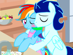 Size: 1896x1440 | Tagged: safe, artist:mlplary6, rainbow dash, soarin', pegasus, pony, g4, apple, apron, base used, bipedal, blushing, bowl, cheek kiss, clothes, eyes closed, female, food, housewife, hug, hug from behind, kissing, kitchen, male, mare, one eye closed, ship:soarindash, shipping, sink, smiling, stallion, straight, tomboy taming, wink