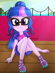 Size: 1536x2048 | Tagged: safe, artist:artmlpk, sci-twi, twilight sparkle, equestria girls, equestria girls specials, g4, my little pony equestria girls: better together, my little pony equestria girls: spring breakdown, adorable face, adorasexy, adorkable, beautiful, blushing, confused, cruise ship, cute, design, digital art, dork, fanart, female, light, looking at you, outfit, ponytail, schrödinger's pantsu, sexy, sitting, solo, sun, twiabetes