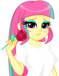 Size: 791x1031 | Tagged: safe, artist:rosemile mulberry, sour sweet, equestria girls, g4, eyeshadow, female, flower, freckles, lidded eyes, looking at you, makeup, rose, solo, white shirt