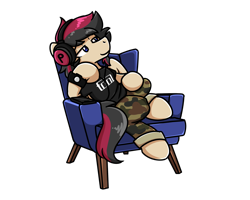Size: 2560x2048 | Tagged: safe, artist:sugar morning, oc, oc only, oc:porsche speedwings, pegasus, pony, armchair, bedroom eyes, camo pants, chair, chillaxing, clothes, headphone jack, headphones, high res, looking away, male, phone, shirt, simple background, solo, stallion, t-shirt, tool (band), transparent background, watch, wristwatch