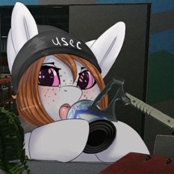 Size: 394x394 | Tagged: safe, artist:nording, oc, oc:kumikoshy, pony, beanie, blushing, condensed milk, escape from tarkov, freckles, hat, hatchet, milk, solo, tongue out, usec, video game