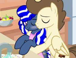 Size: 2079x1578 | Tagged: safe, artist:small-brooke1998, pound cake, oc, oc:blueberry muffin, earth pony, pony, g4, apple, apron, base used, bipedal, blushing, bowl, canon x oc, cheek kiss, clothes, earth pony oc, eyes closed, female, food, housewife, hug, hug from behind, kissing, kitchen, male, mare, older, older pound cake, one eye closed, sink, smiling, stallion, straight, wink