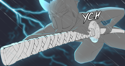 Size: 3000x1600 | Tagged: safe, artist:chapaevv, anthro, advertisement, commission, lightning, male, nagamaki, night, rain, solo, sword, weapon, ych sketch, your character here