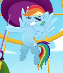 Size: 740x864 | Tagged: safe, screencap, rainbow dash, pegasus, pony, g4, my little pony: rainbow roadtrip, cropped, female, flying, high quality, mare, pose, raised hoof, smiling, solo, spread wings, teeth, wings