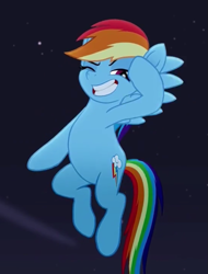 Size: 657x864 | Tagged: safe, screencap, rainbow dash, pegasus, pony, g4, my little pony: rainbow roadtrip, cropped, female, flying, high quality, mare, pose, raised hoof, salute, smiling, solo, spread wings, teeth, wings