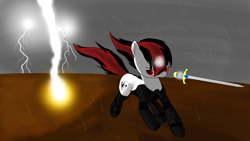 Size: 3840x2160 | Tagged: safe, artist:astralr, oc, oc only, oc:blackjack, cyborg, pony, unicorn, fallout equestria, fallout equestria: project horizons, amputee, cloud, cloudy, cybernetic legs, fanfic art, female, high res, lightning, mare, rain, running, solo, sword, wasteland, weapon