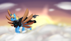 Size: 2048x1204 | Tagged: safe, artist:noxi1_48, oc, oc only, oc:skydreams, oc:tectus ignis, changeling, pony, unicorn, artificial wings, augmented, changeling oc, cloud, duo, excited, female, flying, mare, riding, shipping, skytus, sunset, wings