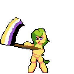 Size: 384x384 | Tagged: safe, artist:bitassembly, oc, oc only, oc:bit assembly, earth pony, pony, animated, bitassembly's flag ponies, flag waving, holding a flag, nonbinary pride flag, pixel art, pride, pride flag, simple background, solo, transparent background