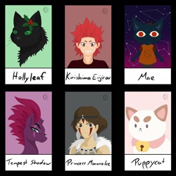 Size: 1080x1080 | Tagged: safe, artist:marenisabelarts, tempest shadow, cat, dog, human, hybrid, pony, unicorn, anthro, g4, anthro with ponies, bee and puppycat, broken horn, bust, clothes, collar, constellation, crossover, eijirou kirishima, eye scar, face paint, female, flower, flower in hair, horn, mae borowski, male, mare, my hero academia, night, night in the woods, princess mononoke, puppycat, san, scar, six fanarts, stars, warrior cats