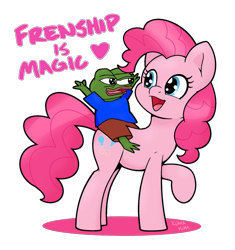 Size: 1783x1900 | Tagged: safe, artist:kumakum, pinkie pie, earth pony, frog, pony, g4, apu apujasta, crossover, duo, female, mare, misspelling, pepe the frog, raised hoof, simple background, smiling, text, transparent background