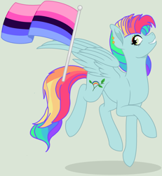 Size: 2208x2392 | Tagged: safe, artist:circuspaparazzi5678, oc, oc only, oc:rainbow blitz, pegasus, pony, base used, ear piercing, earring, female, gray background, high res, jewelry, magical lesbian spawn, multicolored hair, next generation, offspring, omnisexual, omnisexual pride flag, parent:fluttershy, parent:rainbow dash, parents:flutterdash, piercing, pride flag, pride month, rainbow hair, rainbow makeup, simple background, solo