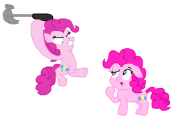 Size: 1132x764 | Tagged: safe, artist:logan jones, pinkie pie, earth pony, pony, g4, abuse, angry, clone, confused, duality, female, hammer, hoof hold, mare, meme, pinkie clone, pinkiebuse, ponified meme, self ponidox, shitposting, simple background, spongebob squarepants, this will end in pain, this will not end well, white background