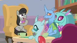 Size: 1920x1080 | Tagged: safe, screencap, carapace (character), ocellus, octavia melody, spiracle, changedling, changeling, earth pony, pony, a horse shoe-in, season 9, spoiler:s09, armchair, bowtie, chair, cute, female, mare, tavibetes