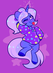 Size: 540x752 | Tagged: safe, artist:petalierre, trixie, pony, unicorn, alternate hairstyle, babysitter trixie, chest fluff, clothes, female, hoodie, one eye closed, pigtails, raspberry, smiling, solo, tongue out, underhoof, wink