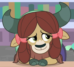 Size: 550x499 | Tagged: safe, screencap, yona, yak, a horse shoe-in, g4, book, bookshelf, bow, cloven hooves, cropped, female, hair bow, lidded eyes, monkey swings, smiling, solo