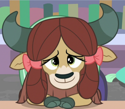 Size: 548x478 | Tagged: safe, screencap, yona, yak, a horse shoe-in, g4, bow, cloven hooves, cropped, cute, female, hair bow, horns, monkey swings, smiling, solo, yonadorable