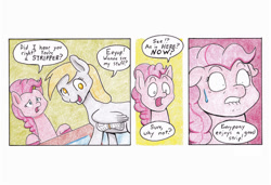 Size: 990x676 | Tagged: safe, artist:lost marbles, derpy hooves, pinkie pie, earth pony, pegasus, pony, comic:derpy - stripper extraordinaire, g4, colored pencil drawing, comic, comic strip, dialogue, duo, lip bite, shrunken pupils, surprised, sweat, traditional art