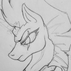 Size: 1080x1081 | Tagged: safe, artist:serpentine-69, tempest shadow, pony, unicorn, g4, broken horn, bust, eye scar, female, frown, horn, lineart, mare, scar, solo, traditional art