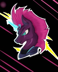 Size: 853x1051 | Tagged: safe, alternate version, artist:serpentine-69, tempest shadow, pony, unicorn, g4, abstract background, broken horn, bust, colored, eye scar, female, frown, horn, mare, scar, solo, sparking horn