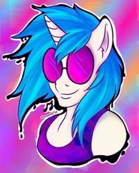 Size: 768x960 | Tagged: safe, alternate version, artist:serpentine-69, dj pon-3, vinyl scratch, unicorn, anthro, g4, abstract background, bust, clothes, female, mare, smiling, solo, sunglasses