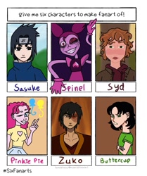 Size: 1005x1200 | Tagged: safe, artist:demitheyoungartist, pinkie pie, gem (race), human, g4, avatar the last airbender, buttercup (powerpuff girls), clothes, crossover, eye scar, female, gem, humanized, i am not okay with this, makeup, male, naruto, one eye closed, peace sign, running makeup, scar, six fanarts, smiling, spinel, spinel (steven universe), spoilers for another series, steven universe, steven universe: the movie, swirly eyes, sydney novak, the powerpuff girls, uchiha sasuke, wink, zuko