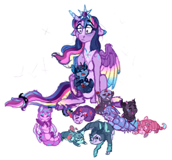 Size: 1160x1075 | Tagged: safe, artist:saphi-boo, twilight sparkle, oc, alicorn, changedling, changeling, changeling larva, changepony, hybrid, pony, g4, changedlingified, colored wings, crown, female, floppy ears, interspecies offspring, jewelry, mother and child, multicolored wings, offspring, parent:pharynx, parent:twilight sparkle, parents:pharlight, regalia, simple background, species swap, twilight sparkle (alicorn), white background, wings