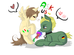 Size: 800x600 | Tagged: safe, artist:ask-pony-gerita, earth pony, pony, ask, bouquet, cross, cross-popping veins, duo, female, flower, flying, heart, hetalia, jewelry, male, mare, necklace, pictogram, ponified, prone, simple background, smiling, stallion, transparent background