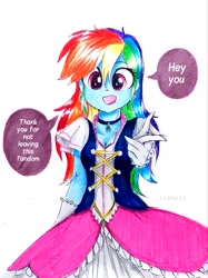 Size: 2279x3039 | Tagged: safe, artist:liaaqila, rainbow dash, equestria girls, appreciation, breasts, cleavage, clothes, corset, cute, dashabetes, ear piercing, earring, female, gloves, jewelry, looking at you, necklace, piercing, pointing at you, rainbow dash always dresses in style, smiling, solo, talking to viewer, traditional art