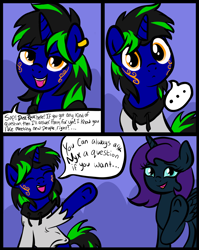Size: 1280x1607 | Tagged: safe, artist:sjart117, oc, oc only, oc:dust rock, oc:nyx, alicorn, pony, unicorn, ask nyx, ask, ask dust rock, comic, introduction, permission given, rated pg-13, tumblr