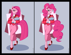 Size: 6300x4873 | Tagged: safe, artist:spiderweber, pinkie pie, earth pony, anthro, g4, clipboard, clothes, female, fusion, glasses, high heels, lipstick, mascot, miss pinkamena, ms. pink (rice krispies), necktie, office, office clothes, palindrome get, pencil, pinkamena diane pie, professional, rice krispies, shoes, skirt, skirt suit, solo, stiletto heels, straight hair, straight mane, suit