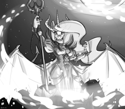 Size: 5104x4449 | Tagged: safe, artist:spiderweber, princess celestia, alicorn, anthro, g4, bat wings, black and white, chernabog, clothes, dress, evil celestia, fantasia, female, grayscale, horn, horns, monochrome, multiple horns, night on bald mountain, solo, souls, trident, wings