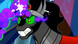 Size: 1280x720 | Tagged: safe, screencap, king sombra, pony, unicorn, g4, the beginning of the end, angry, attempted murder, blast, dark magic, desperate, fight, glowing horn, gritted teeth, horn, magic, male, sombra eyes, stallion