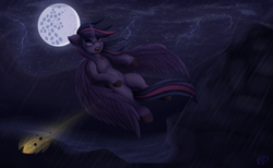 Size: 2117x1308 | Tagged: safe, artist:batsdisaster, twilight sparkle, alicorn, pony, g4, female, horn, lightning, mare, mare in the moon, moon, night, rain, river, twilight sparkle (alicorn)