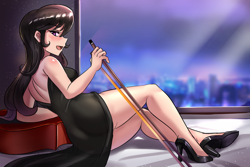 Size: 800x534 | Tagged: safe, artist:tzc, octavia melody, human, anime, ass, backless, bare shoulders, beautiful, beautisexy, black dress, bow (instrument), butt, cello, classy, clothes, dress, female, high heels, humanized, legs, little black dress, looking at you, looking back, musical instrument, open mouth, pose, profile, rear view, schrödinger's pantsu, seductive, seductive pose, shoes, sitting, sleeveless, solo, stupid sexy octavia, thighs, treblebutt