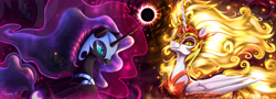 Size: 9000x3250 | Tagged: safe, artist:darksly, daybreaker, nightmare moon, alicorn, pony, g4, absurd resolution, duo, eclipse, ethereal mane, female, galaxy mane, mane of fire, mare, solar eclipse
