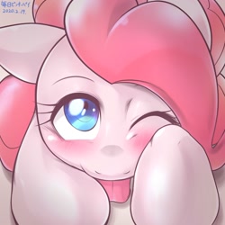 Size: 1536x1536 | Tagged: safe, artist:kurogewapony, pinkie pie, earth pony, pony, daily pinkie pie, g4, blushing, female, looking at you, mare, one eye closed, solo, tongue out