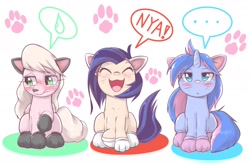 Size: 2129x1390 | Tagged: safe, artist:kurogewapony, oc, oc only, oc:moff cloud, oc:slowly flame, oc:southern sail, earth pony, pegasus, pony, unicorn, behaving like a cat, blushing, cat ears, cat paws, embarrassed, female, looking at you, mare, nya, unamused