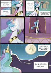 Size: 2079x2953 | Tagged: safe, artist:nire, nightmare moon, princess celestia, princess luna, alicorn, pony, friendship is magic, g4, balcony, canterlot, comic, female, glowing horn, high res, horn, implied twilight sparkle, letter, magic, mare, mare in the moon, moon, night, quill, sad, scroll, signature, sky, solo, telekinesis