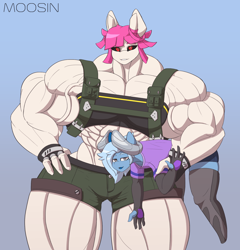 Size: 1920x2000 | Tagged: safe, artist:mopyr, oc, oc only, oc:fort, oc:moosin, hybrid, original species, anthro, black sclera, clothes, couple, evening gloves, gloves, horn, long gloves, muscles, outfit, overdeveloped muscles, size difference, socks, stockings, thigh highs, vein, wide hips