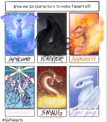Size: 852x967 | Tagged: safe, artist:yoshisrgr8, princess flurry heart, alicorn, articuno, bird, dragon, light fury, pony, g4, crossover, dementor, female, glowing horn, harry potter (series), horn, how to train your dragon, lord of the rings, male, mare, older, older flurry heart, pokémon, six fanarts, smaug
