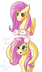 Size: 1280x2176 | Tagged: safe, artist:tigerett, fluttershy, pegasus, pony, g4, 2 panel comic, bunny slippers, chest fluff, clothes, comic, cute, dialogue, female, mare, offscreen character, shyabetes, silly, simple background, slippers, solo, white background