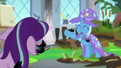 Size: 1920x1080 | Tagged: safe, screencap, starlight glimmer, trixie, pony, unicorn, a horse shoe-in, g4, ^^, burnt mane, cape, cattails, clothes, eyes closed, female, hat, mare, mess, raised hoof, reeds, scorched, smiling, trixie's cape, trixie's hat