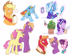 Size: 6000x4500 | Tagged: safe, alternate version, artist:chub-wub, applejack, big macintosh, li'l cheese, little mac, phyllis, rainbow dash, starlight glimmer, sugar belle, trixie, cat, earth pony, pegasus, pony, unicorn, the last problem, alternate hairstyle, angry, applejack's hat, babysitter trixie, bandana, beard, blank flank, cellphone, chair, chat, chest fluff, clothes, cowboy hat, desk, facial hair, female, glasses, glowing horn, hat, hoodie, horn, levitation, magic, male, mare, markings, mirror, missing cutie mark, older big macintosh, older li'l cheese, older little mac, older sugar belle, one eye closed, open mouth, phone, pigtails, plant, raised hoof, redesign, scissors, shipping, shirt, simple background, smartphone, stallion, straight, sugarmac, sweat, sweatdrop, telekinesis, twintails, unshorn fetlocks, vest, white background, wink