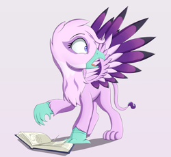 Size: 1874x1724 | Tagged: safe, artist:arcane-thunder, starlight glimmer, griffon, g4, atg 2020, beak, book, female, griffonized, newbie artist training grounds, open beak, open mouth, post-transformation, shocked, simple background, species swap, spell gone wrong, spread wings, transformation, wings