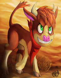 Size: 3300x4200 | Tagged: safe, artist:kenisu-of-dragons, arizona (tfh), cow, them's fightin' herds, badass, bandana, cloven hooves, community related, desert, female, high res, looking at you, solo