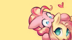 Size: 1152x648 | Tagged: safe, artist:mirroredsea, edit, fluttershy, pinkie pie, earth pony, pegasus, pony, g4, biting, cute, diapinkes, ear bite, female, floating heart, heart, lesbian, looking up, mare, nom, open mouth, ship:flutterpie, shipping, shyabetes, simple background, smiling, surprised, wallpaper, wallpaper edit, wide eyes, yellow background