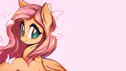 Size: 3591x2019 | Tagged: safe, artist:mirroredsea, edit, fluttershy, butterfly, pegasus, pony, g4, cute, female, high res, looking at you, mare, pink background, shyabetes, simple background, smiling, solo, wallpaper, wallpaper edit, wings